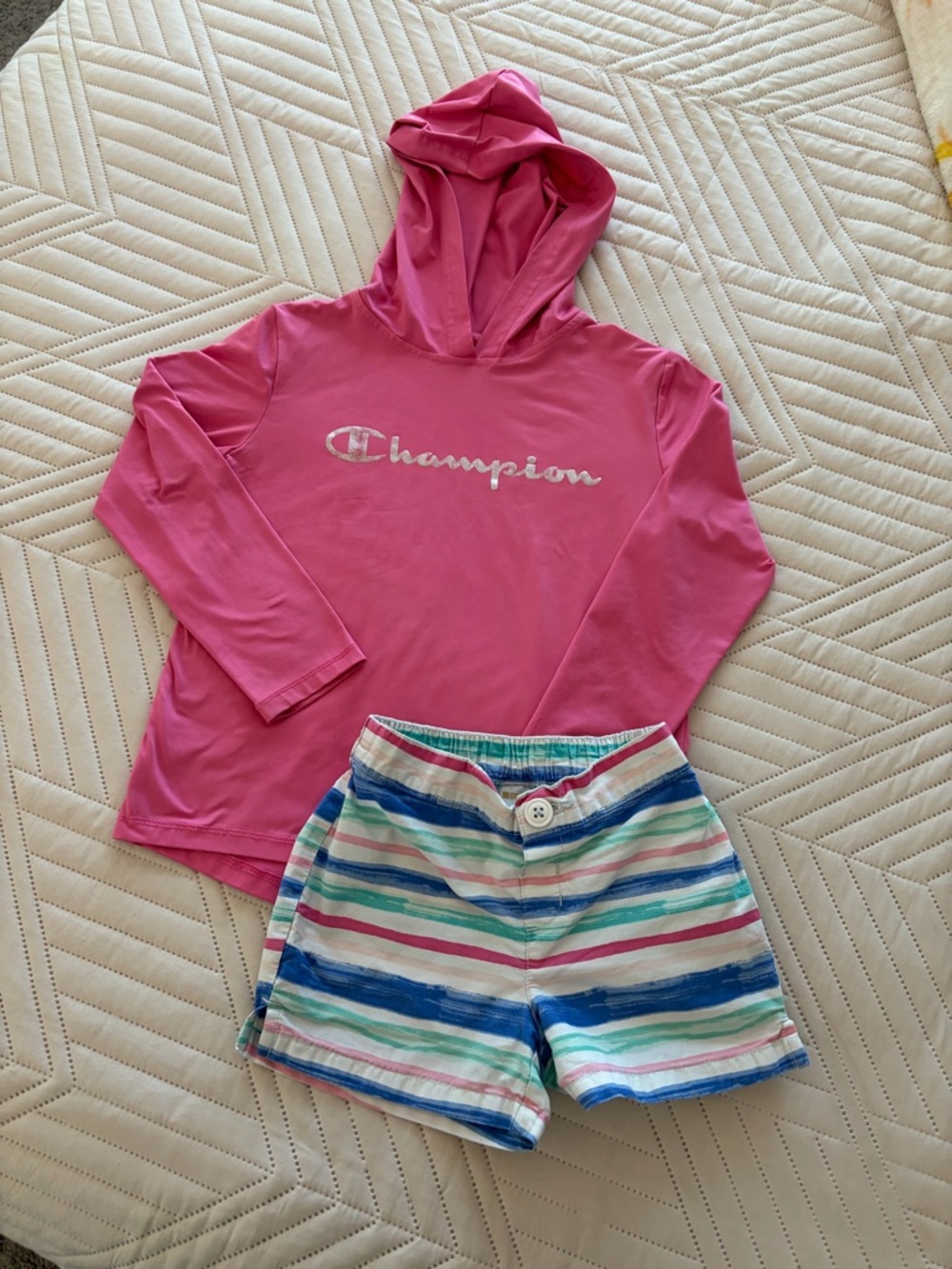 Champion Pink Hooded Top with Striped Gymboree Shorts
Top 5/6
Shorts-5